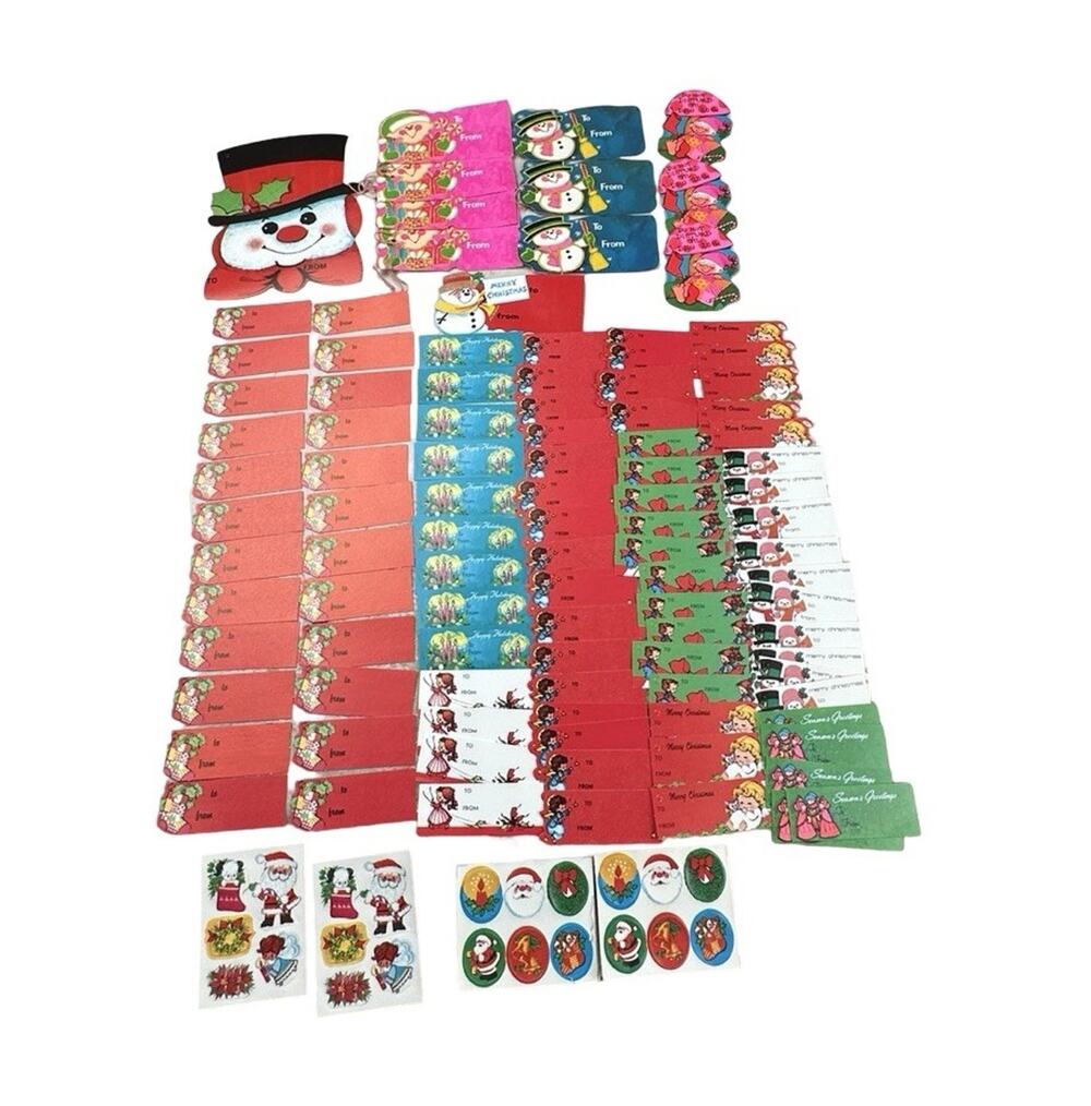 102 Vintage Christmas Gift Tags Labels Stickers Lot Santa Snowman Holiday